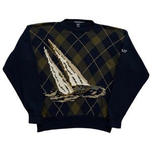 Vintage 90s Nautica Cup sweater knit, Sailboat on argyle pattern design